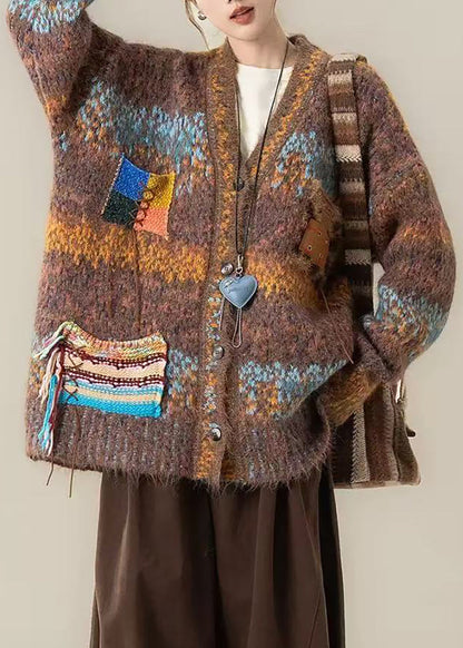Vintage Coffee V Neck Pockets Cotton Knit Cardigans Fall