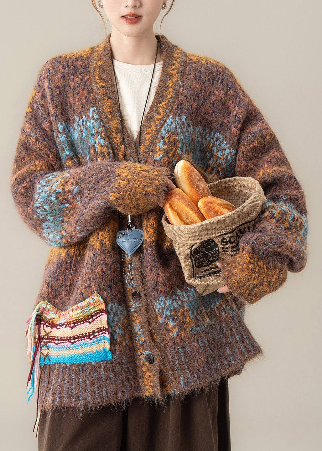 Vintage Coffee V Neck Pockets Cotton Knit Cardigans Fall