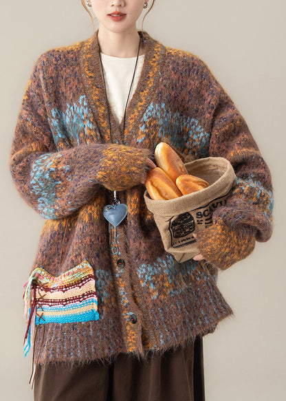 Vintage Coffee V Neck Pockets Cotton Knit Cardigans Fall