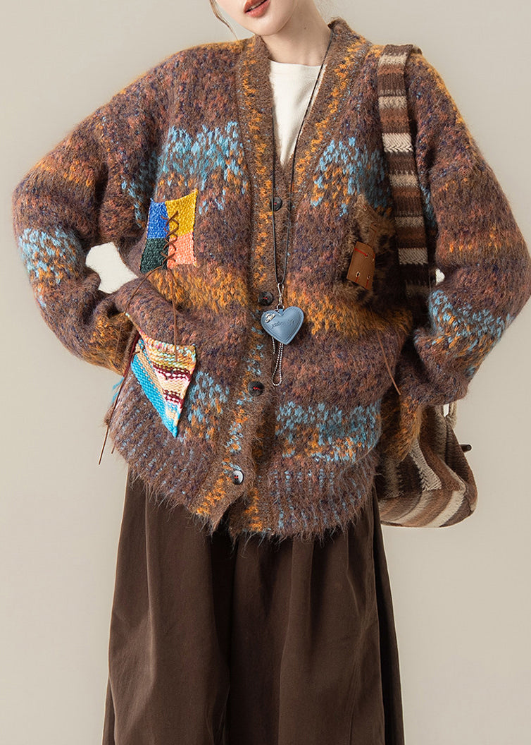 Vintage Coffee V Neck Pockets Cotton Knit Cardigans Fall