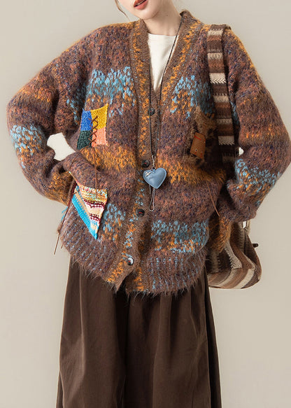 Vintage Coffee V Neck Pockets Cotton Knit Cardigans Fall