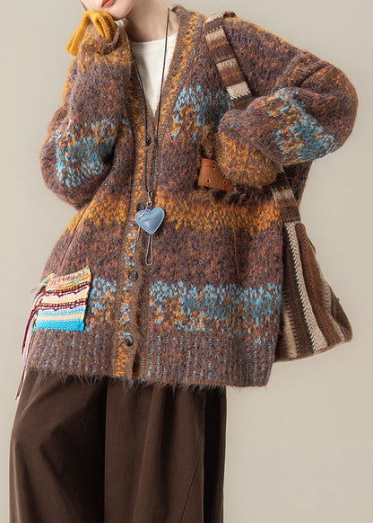 Vintage Coffee V Neck Pockets Cotton Knit Cardigans Fall