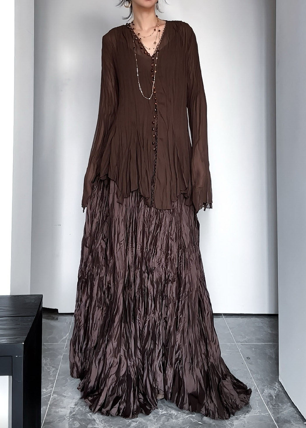 Vintage Coffee V Neck Wrinkled Top And Maxi Skirts Two Pieces Set Fall