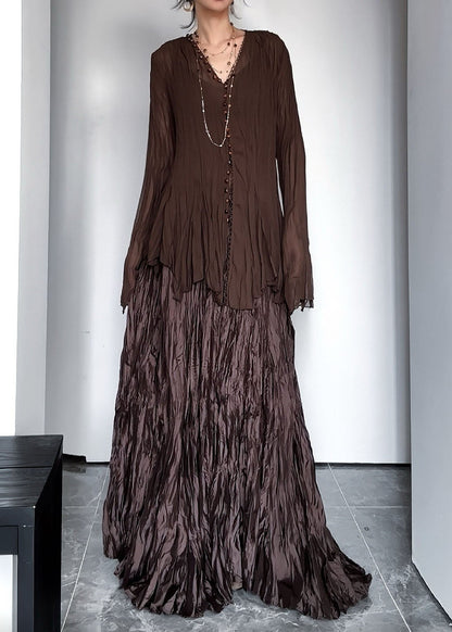 Vintage Coffee V Neck Wrinkled Top And Maxi Skirts Two Pieces Set Fall
