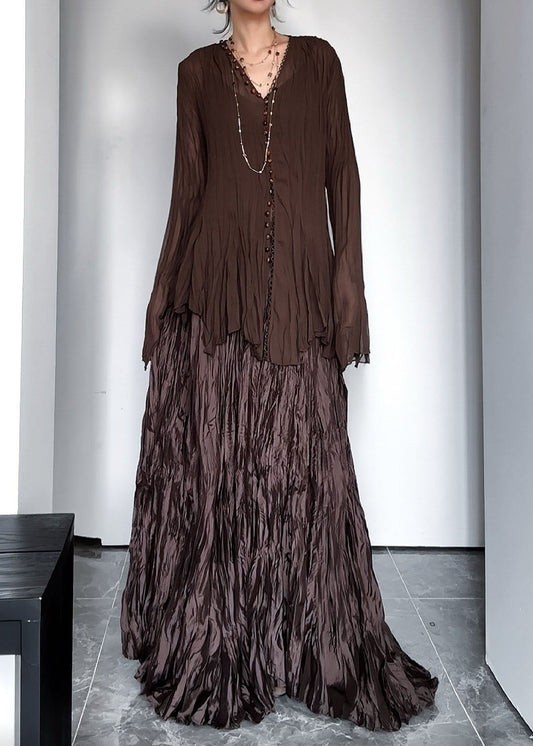 Vintage Coffee V Neck Wrinkled Top And Maxi Skirts Two Pieces Set Fall