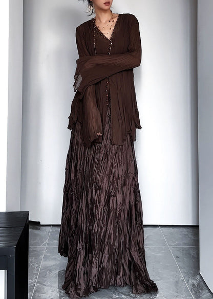 Vintage Coffee V Neck Wrinkled Top And Maxi Skirts Two Pieces Set Fall