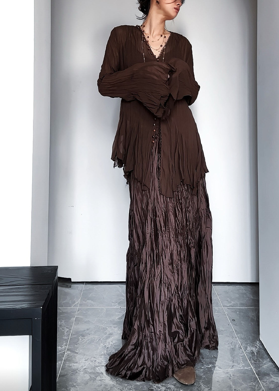 Vintage Coffee V Neck Wrinkled Top And Maxi Skirts Two Pieces Set Fall