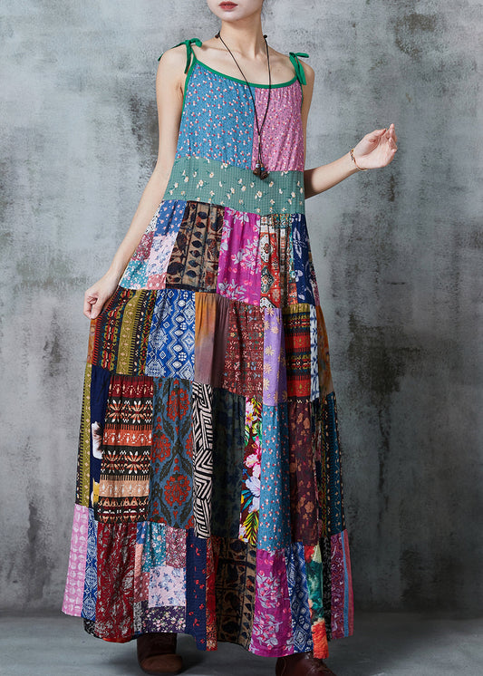 Vintage Color Block Patchwork Exra Large Hem Cotton Spaghetti Strap Dress Summer