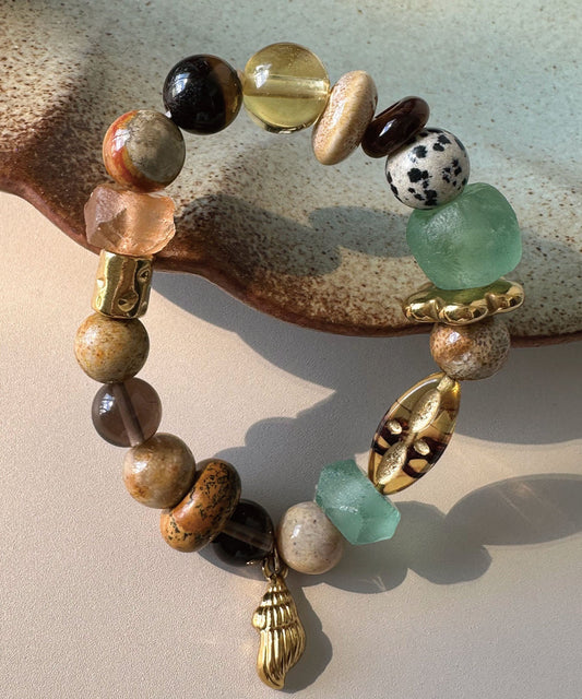 Vintage Color Blocked Handmade Bead Glass Crystal Natural Stone Bracelet