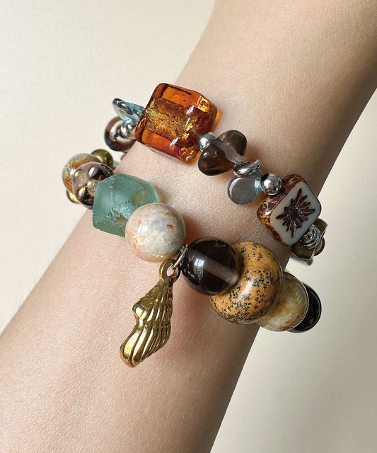 Vintage Color Blocked Handmade Bead Glass Crystal Natural Stone Bracelet