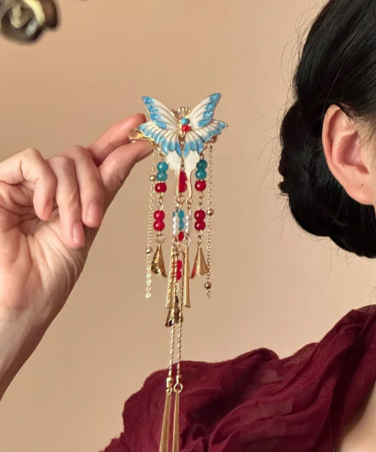 Vintage Colorblock Alloy Butterfly Enamel Tassel Single Hairpin