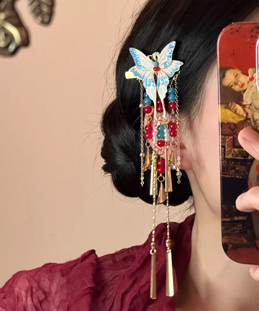Vintage Colorblock Alloy Butterfly Enamel Tassel Single Hairpin