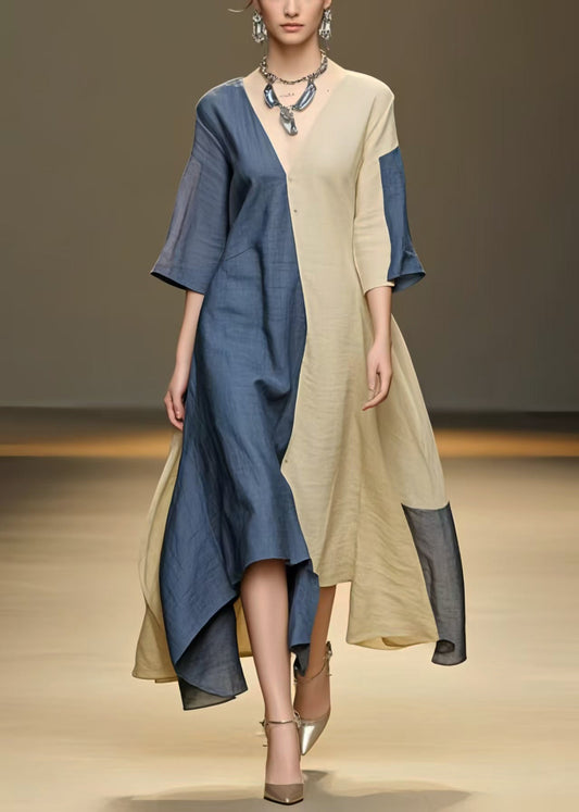 Vintage Colorblock Asymmetrical Patchwork Cotton A Line Dress Summer