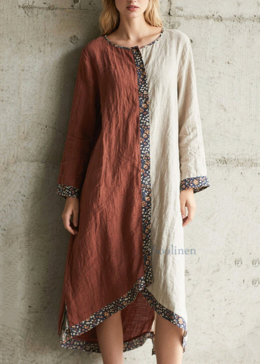 Vintage Colorblock Asymmetrical Patchwork Cotton Maxi Dresses Spring