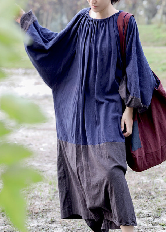 Vintage Colorblock Cinched Patchwork Maxi Dresses Long Sleeve