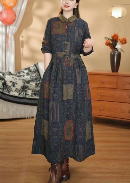 Vintage Colorblock Cinched Print Cotton Dress Spring