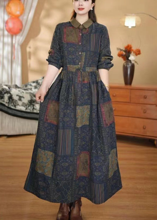 Vintage Colorblock Cinched Print Cotton Dress Spring