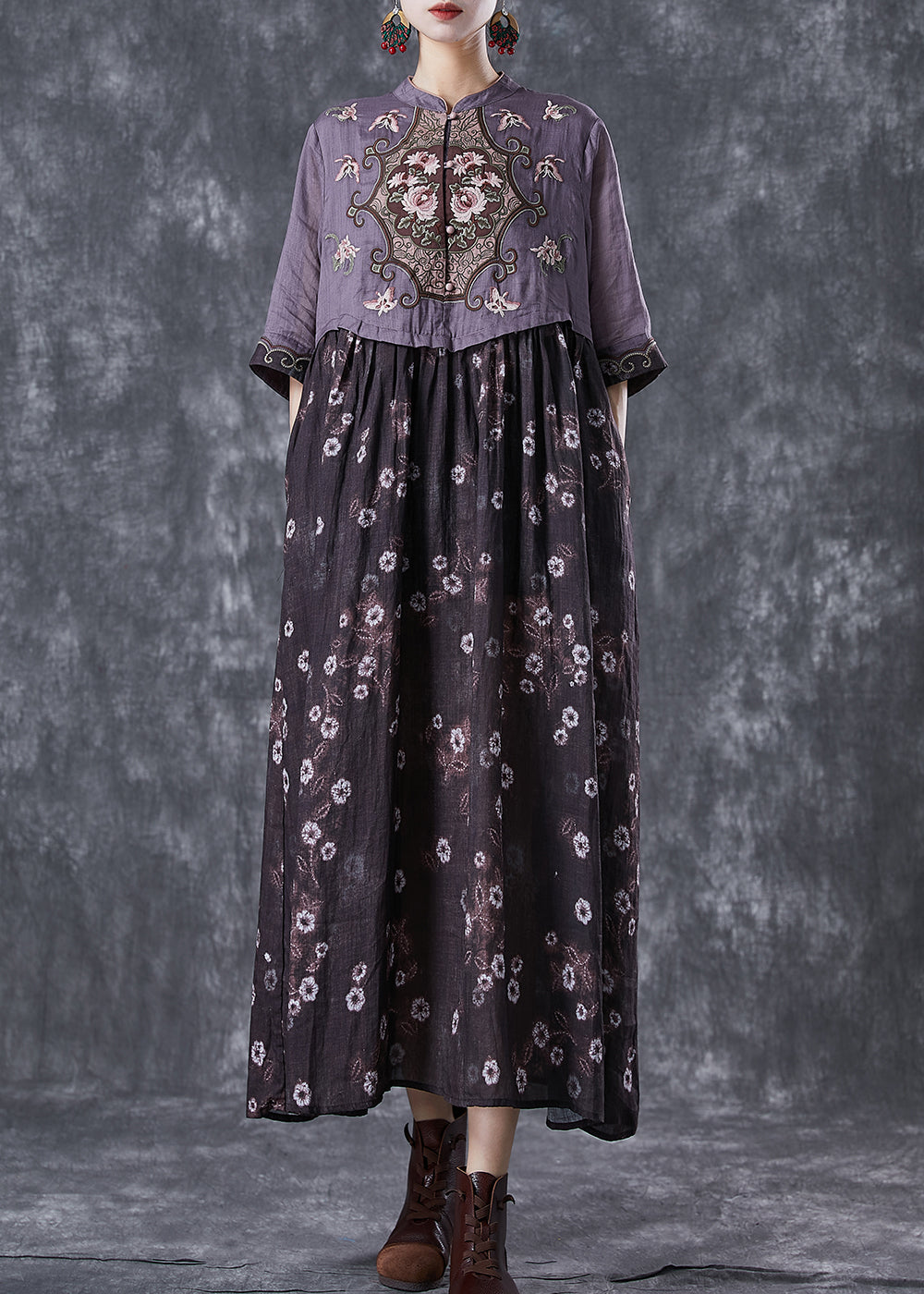 Vintage Colorblock Embroidered Patchwork Cotton Long Dress Summer