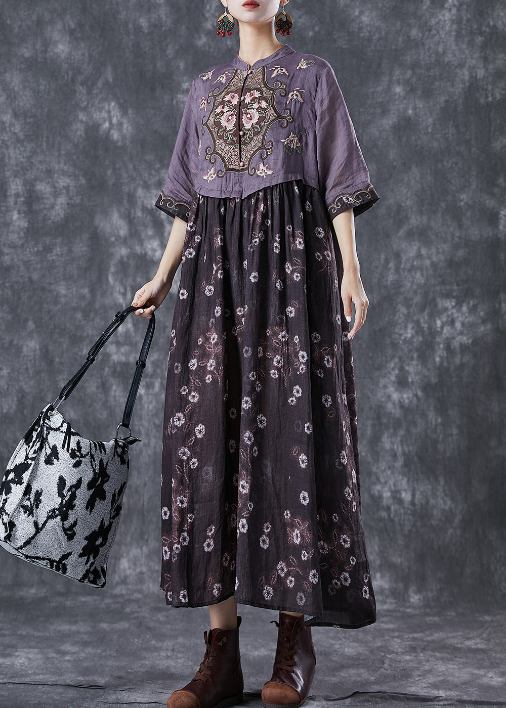 Vintage Colorblock Embroidered Patchwork Cotton Long Dress Summer