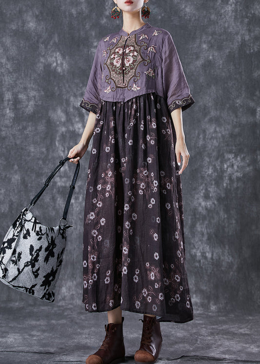 Vintage Colorblock Embroidered Patchwork Cotton Long Dress Summer