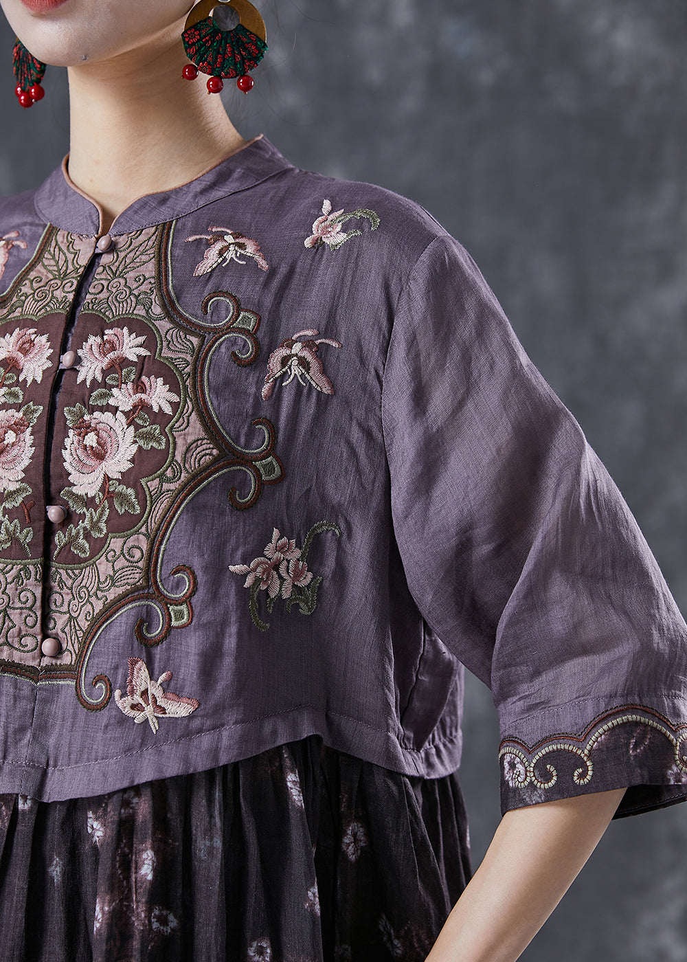 Vintage Colorblock Embroidered Patchwork Cotton Long Dress Summer