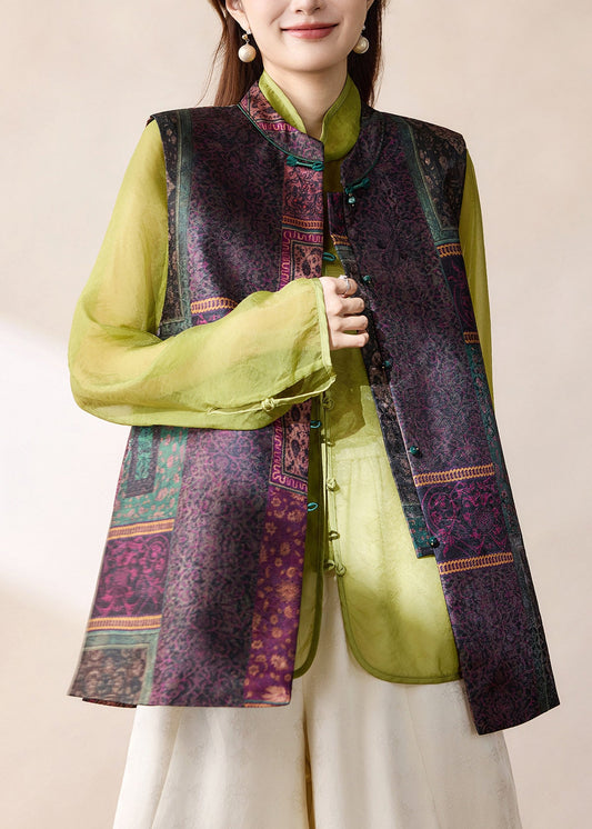 Vintage Colorblock Jacquard Mandarin Collar Button Waistcoat Sleeveless