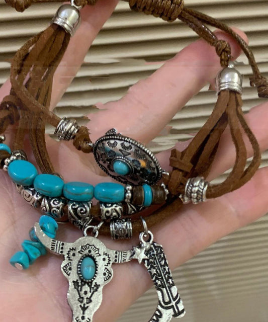 Vintage Colorblock Leather Beading Multi-Layer Charm Bracelet