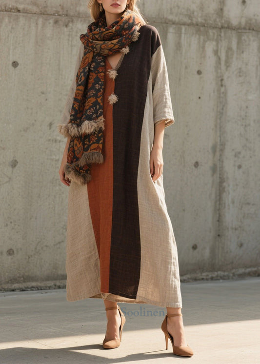 Vintage Colorblock Oversized Patchwork Cotton Long Dresses Bracelet Sleeve