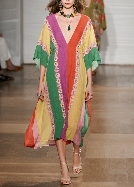 Vintage Colorblock Oversized Print Cotton Ankle Dress Summer