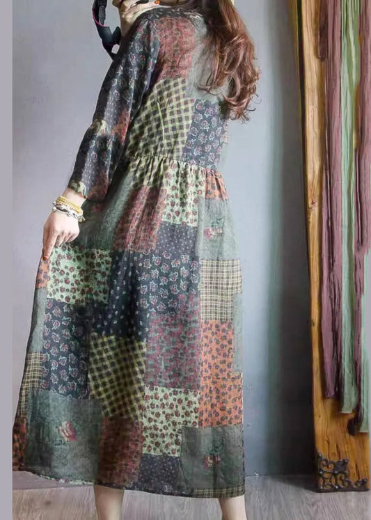 Vintage Colorblock Oversized Print Linen Long Dresses Fall