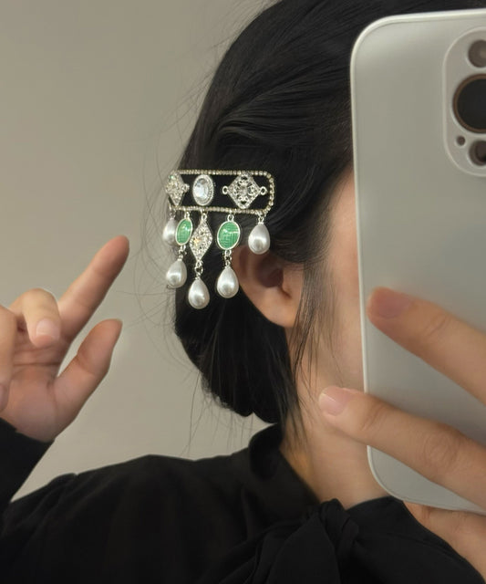 Vintage Colorblock Sterling Silver Zircon Pearl Tassel Hairpin