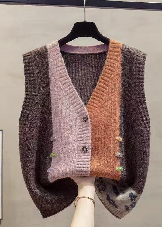Vintage Colorblock V Neck Patchwork Knit Vests Winter