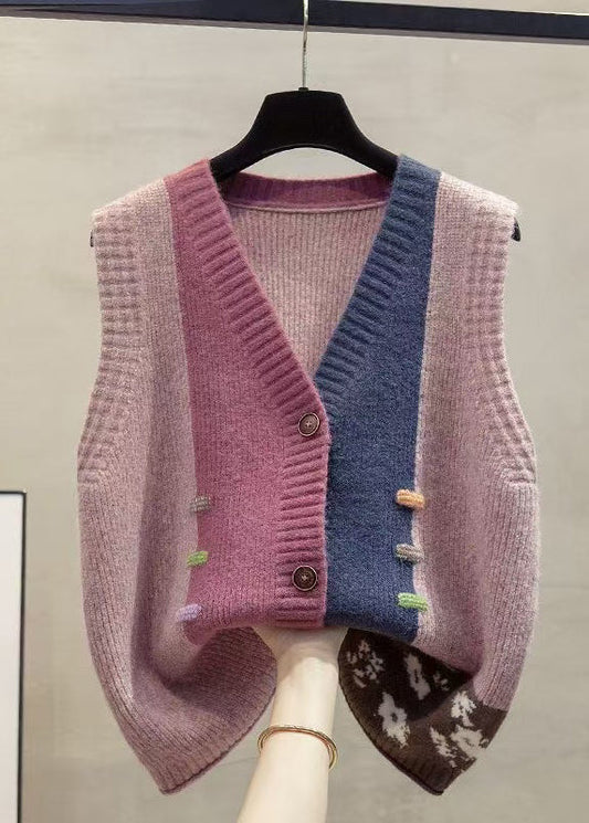 Vintage Colorblock V Neck Patchwork Knit Vests Winter