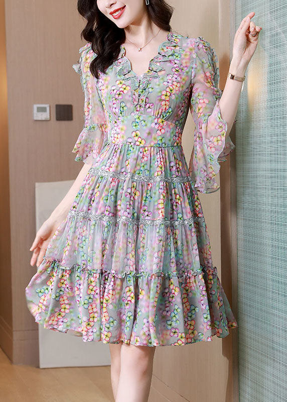 Vintage Colorblock V Neck Ruffled Patchwork Print Silk Dress Summer