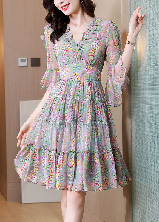 Vintage Colorblock V Neck Ruffled Patchwork Print Silk Dress Summer