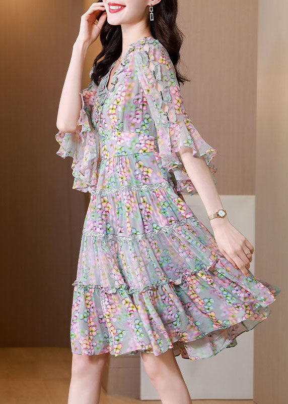 Vintage Colorblock V Neck Ruffled Patchwork Print Silk Dress Summer