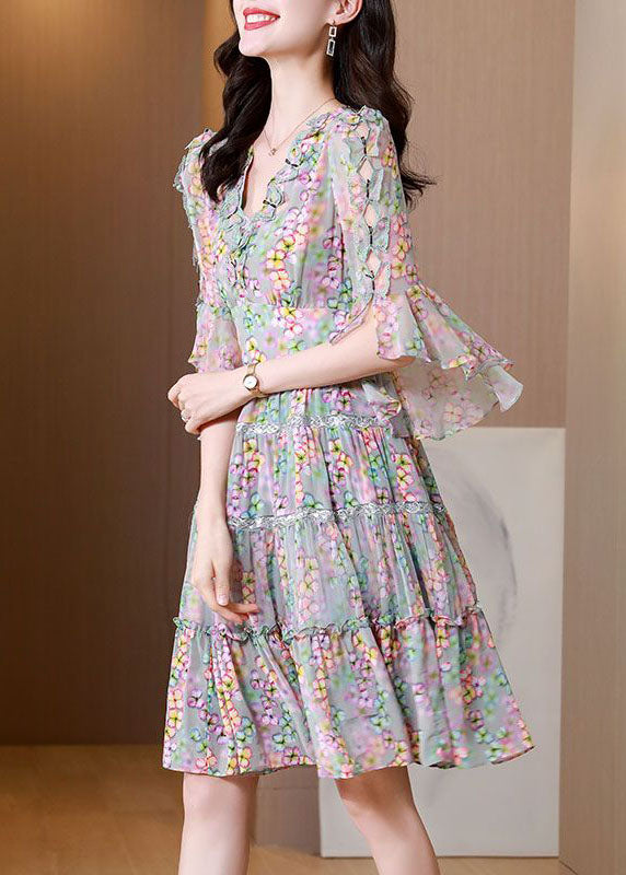 Vintage Colorblock V Neck Ruffled Patchwork Print Silk Dress Summer