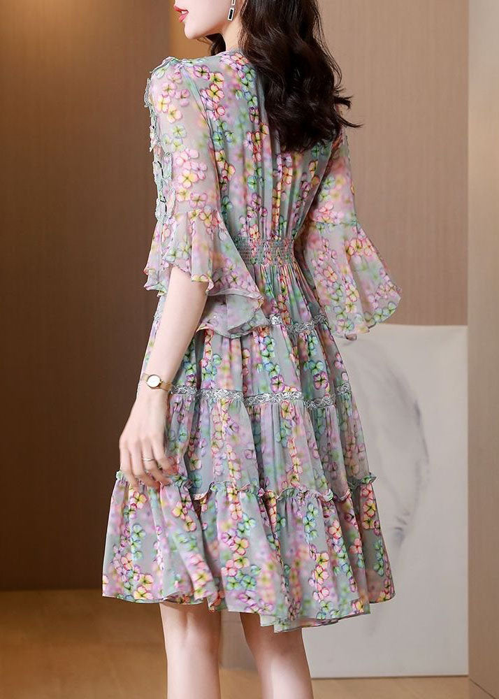 Vintage Colorblock V Neck Ruffled Patchwork Print Silk Dress Summer
