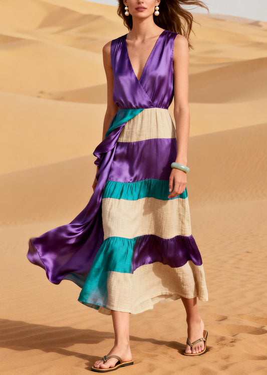 Vintage ColorblockC Asymmetrical Patchwork Linen Silk Maxi Dresses Summer