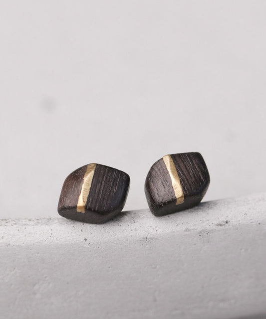 Vintage Creative Copper Inlaid Wood Irregular Stud Earrings