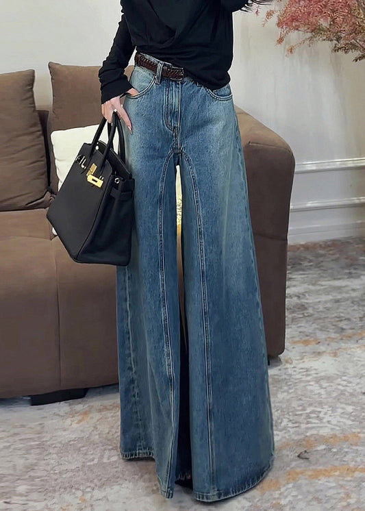 Vintage Dark Blue High Waist Pockets Draping Wide Leg Jeans Summer