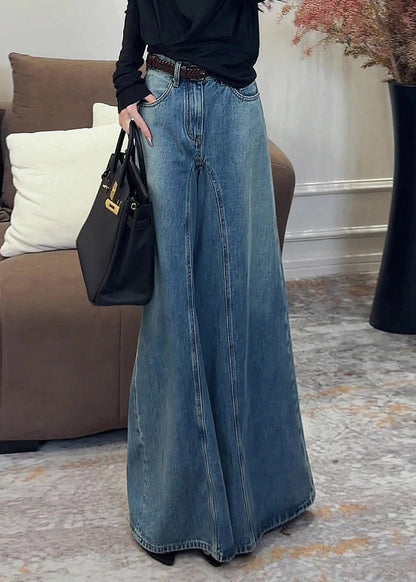 Vintage Dark Blue High Waist Pockets Draping Wide Leg Jeans Summer