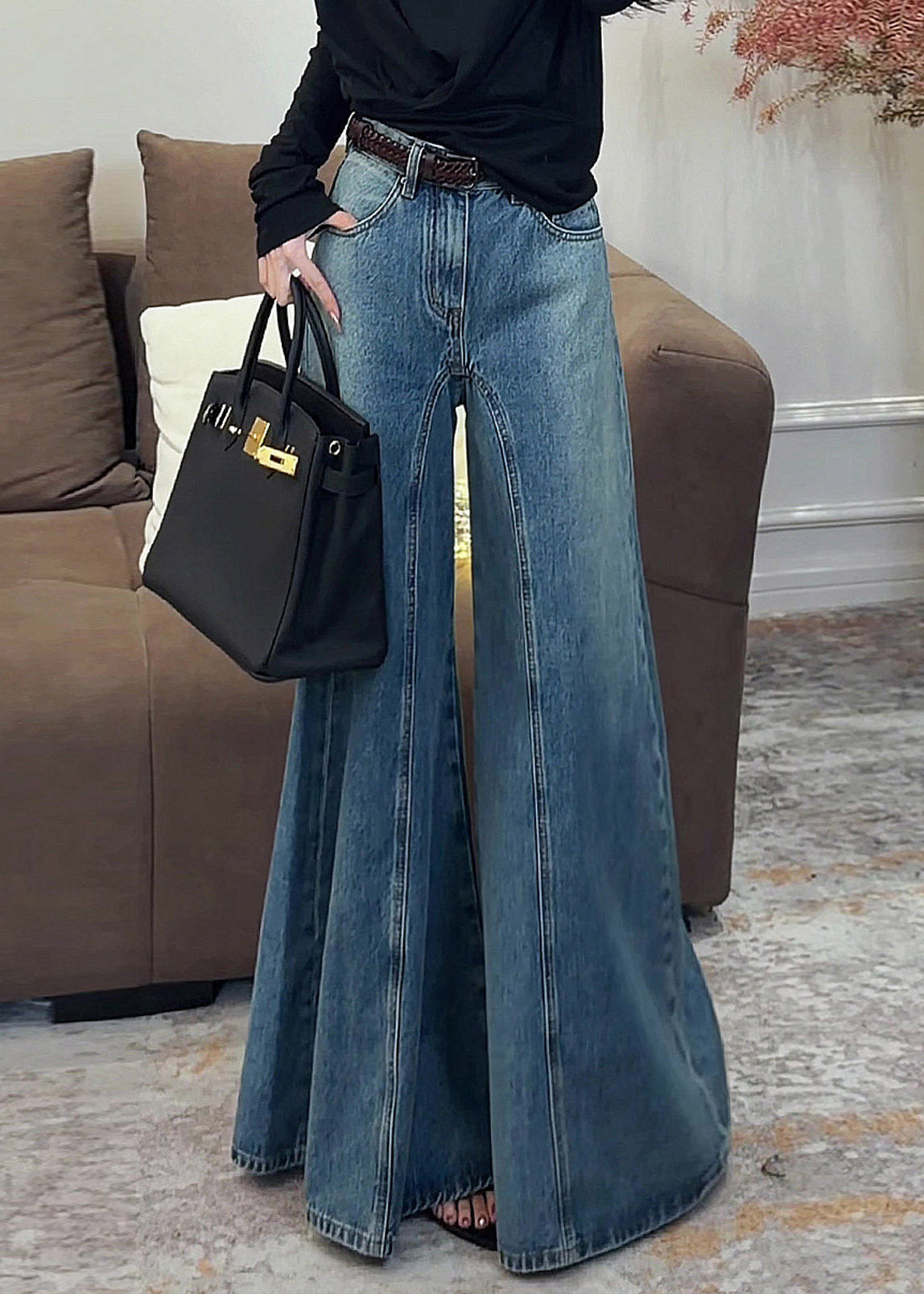 Vintage Dark Blue High Waist Pockets Draping Wide Leg Jeans Summer