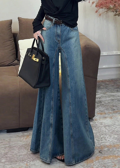 Vintage Dark Blue High Waist Pockets Draping Wide Leg Jeans Summer