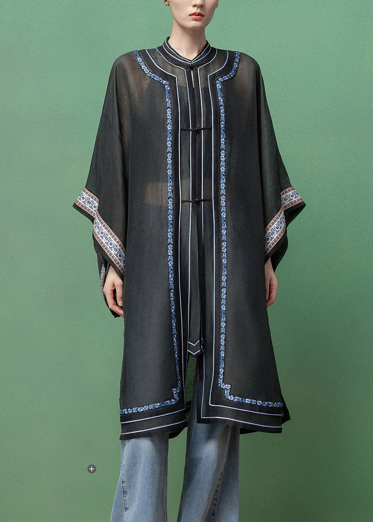Vintage Dark Grey Embroidered Patchwork Linen Silk Long Shirts Fall