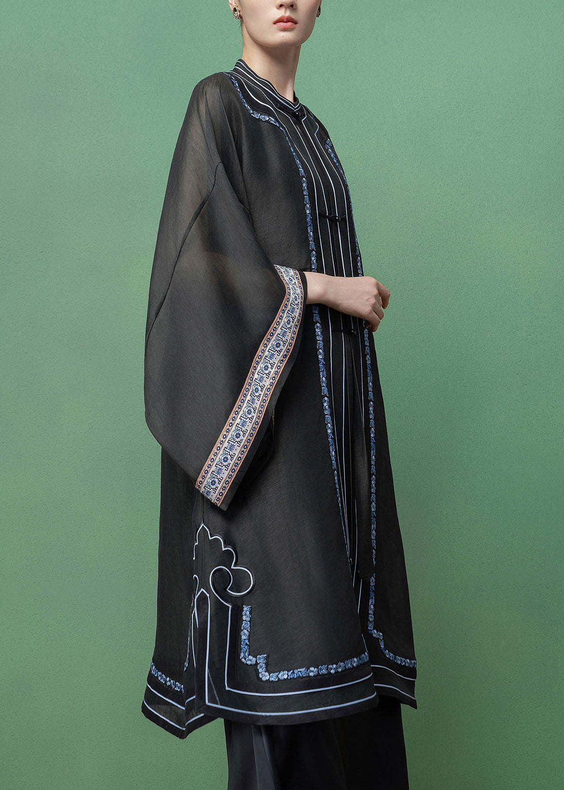 Vintage Dark Grey Embroidered Patchwork Linen Silk Long Shirts Fall