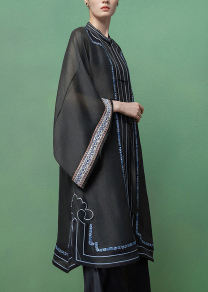 Vintage Dark Grey Embroidered Patchwork Linen Silk Long Shirts Fall