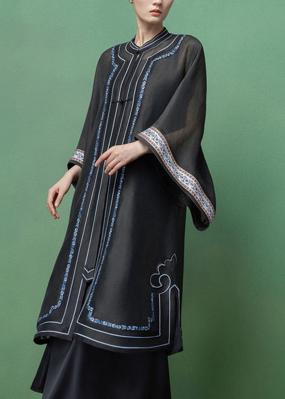 Vintage Dark Grey Embroidered Patchwork Linen Silk Long Shirts Fall