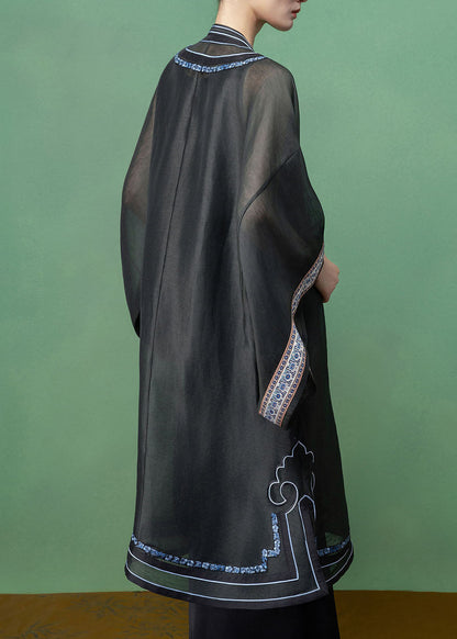 Vintage Dark Grey Embroidered Patchwork Linen Silk Long Shirts Fall