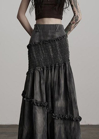 Vintage Dark Grey Ruffled Patchwork A Line Skirts